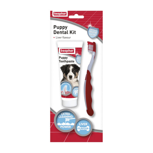 Kit dental para cachorros que incluye pasta y cepillo.